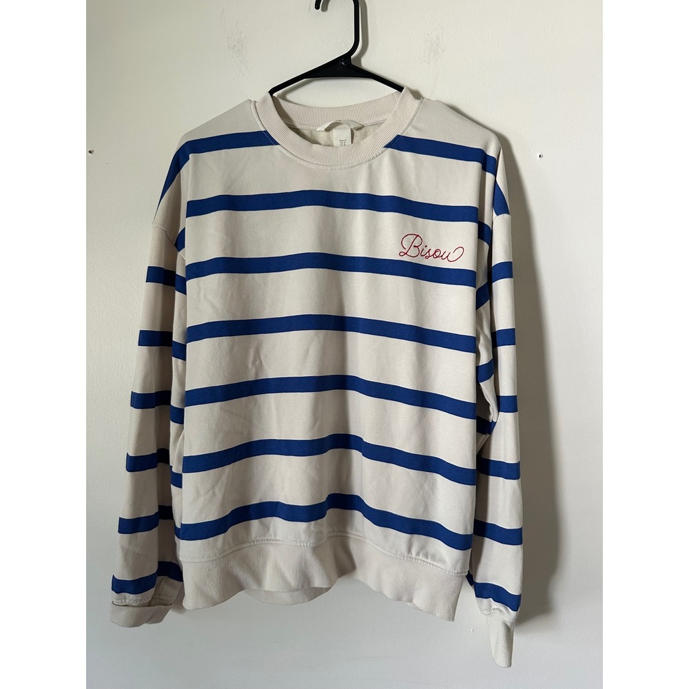 HM Womens Bisou Embroidered Striped Sweatshirt Blue Cream Crewneck‎ Size Medium